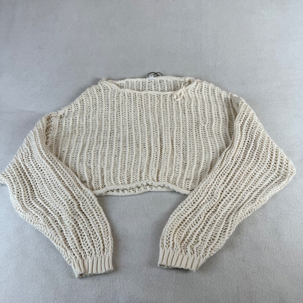 Garage Women Cream Open Knit Cropped Sweater Size Large Boat Neck Long Sleeve
